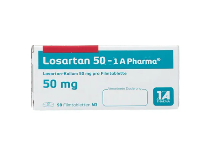 Packung Losartan 50 mg mit 98 Filmtabletten von 1A Pharm