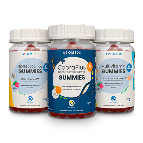 Pack von Biotin Gummies, CobraPlus Gummies und Multivitamin Gummies.